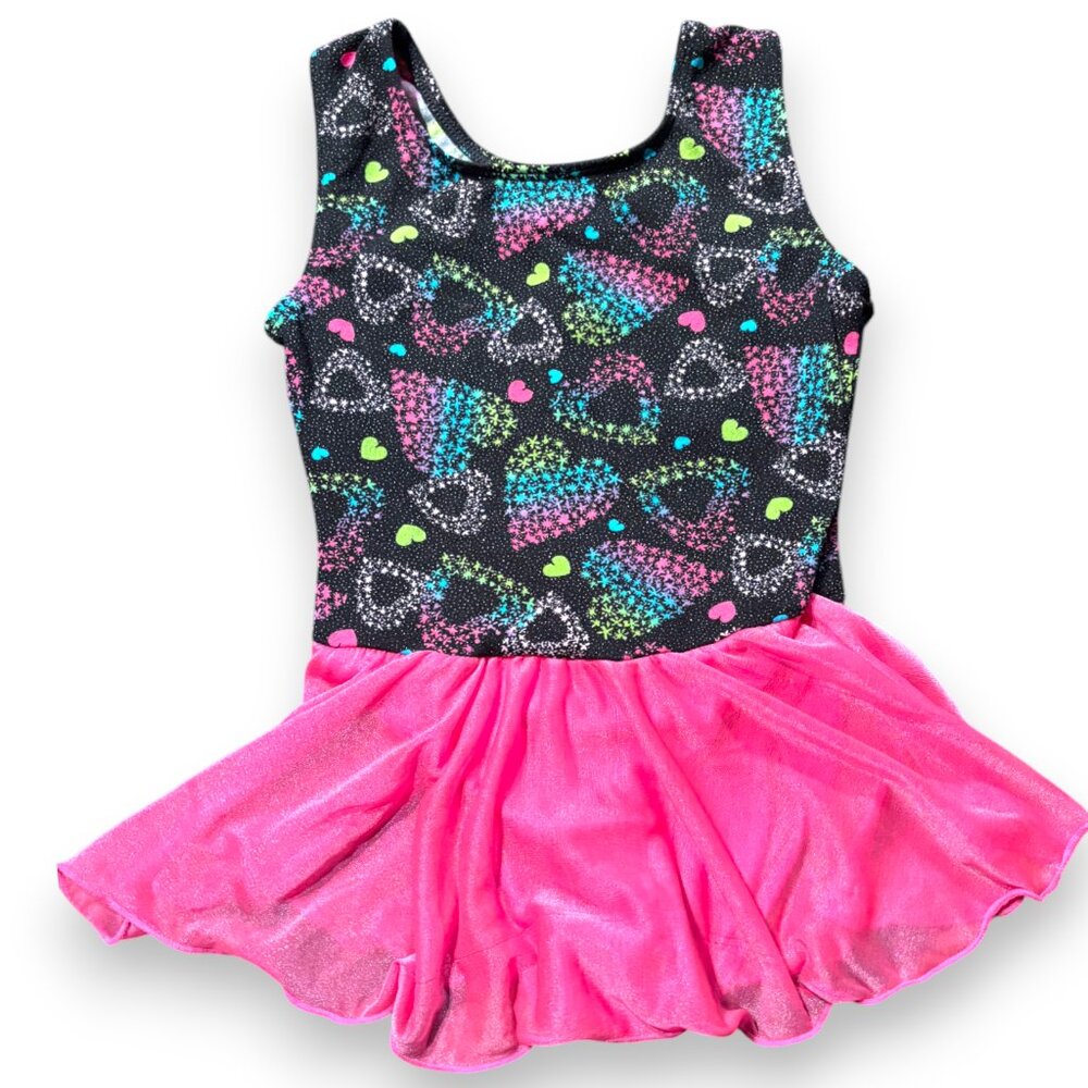 Jacques Moret girls skirted leotard hearts black pink sparkly gymnastic dance‎ S